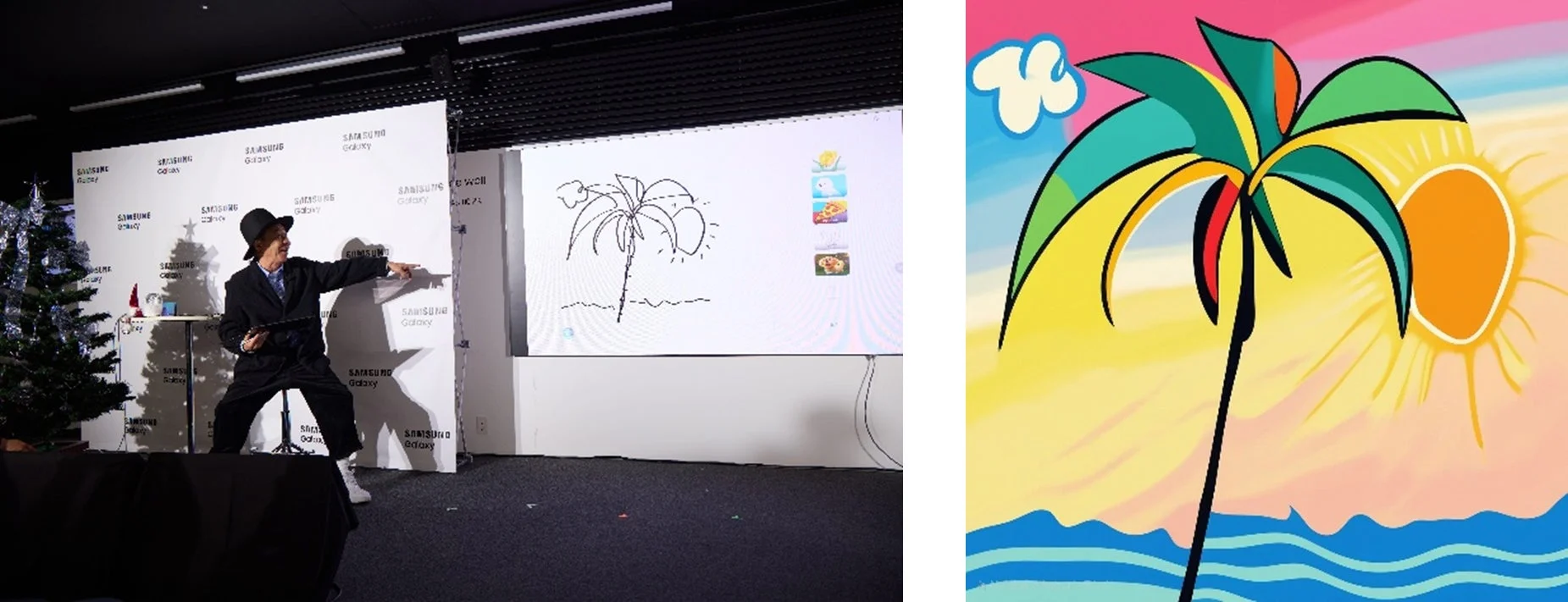 サムスンのイベント会場で、男性が大きなスクリーンに描かれたパームツリーのスケッチを指差しています。