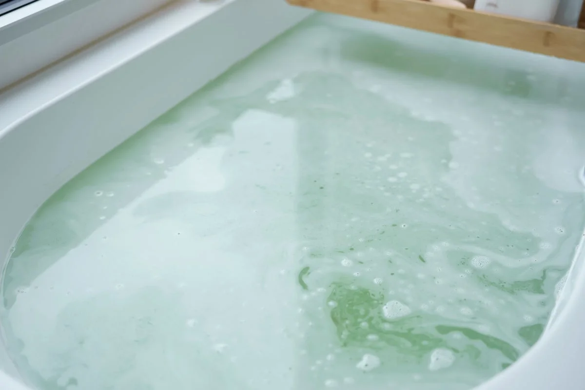 淡い緑色の泡立つ湯が張られたバスタブの様子です。