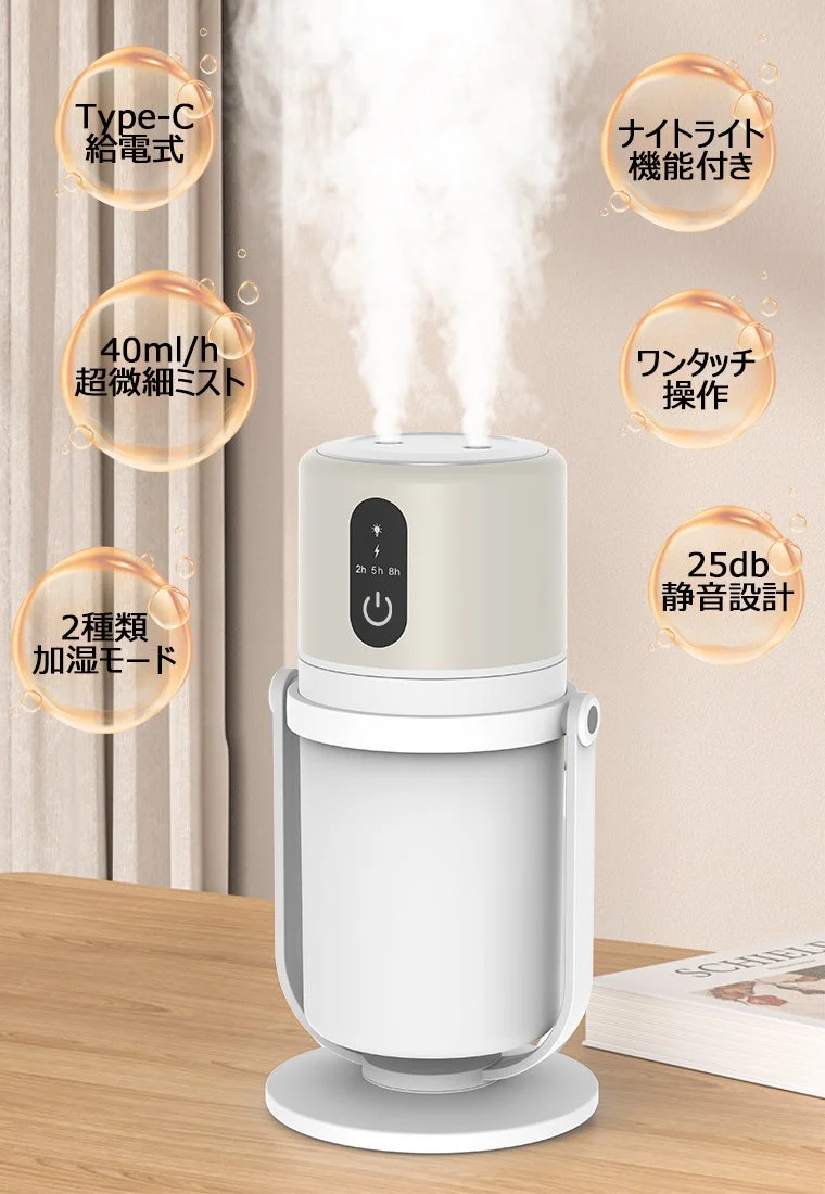 Type-C 給電式 40ml/h 超微細ミスト 2種類 加湿モード ナイトライト 機能付き ワンタッチ 操作 25db 静音設計 2h 5h 8h