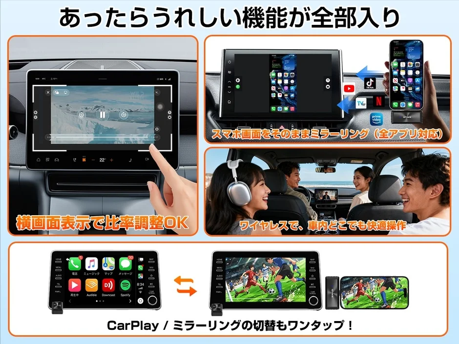 車載ディスプレイの多機能性を紹介。スマホ画面のミラーリング、動画再生の比率調整、ワイヤレス操作、CarPlayとの切り替えなど、車内でのエンターテイメントと利便性を高める機能が満載です。
