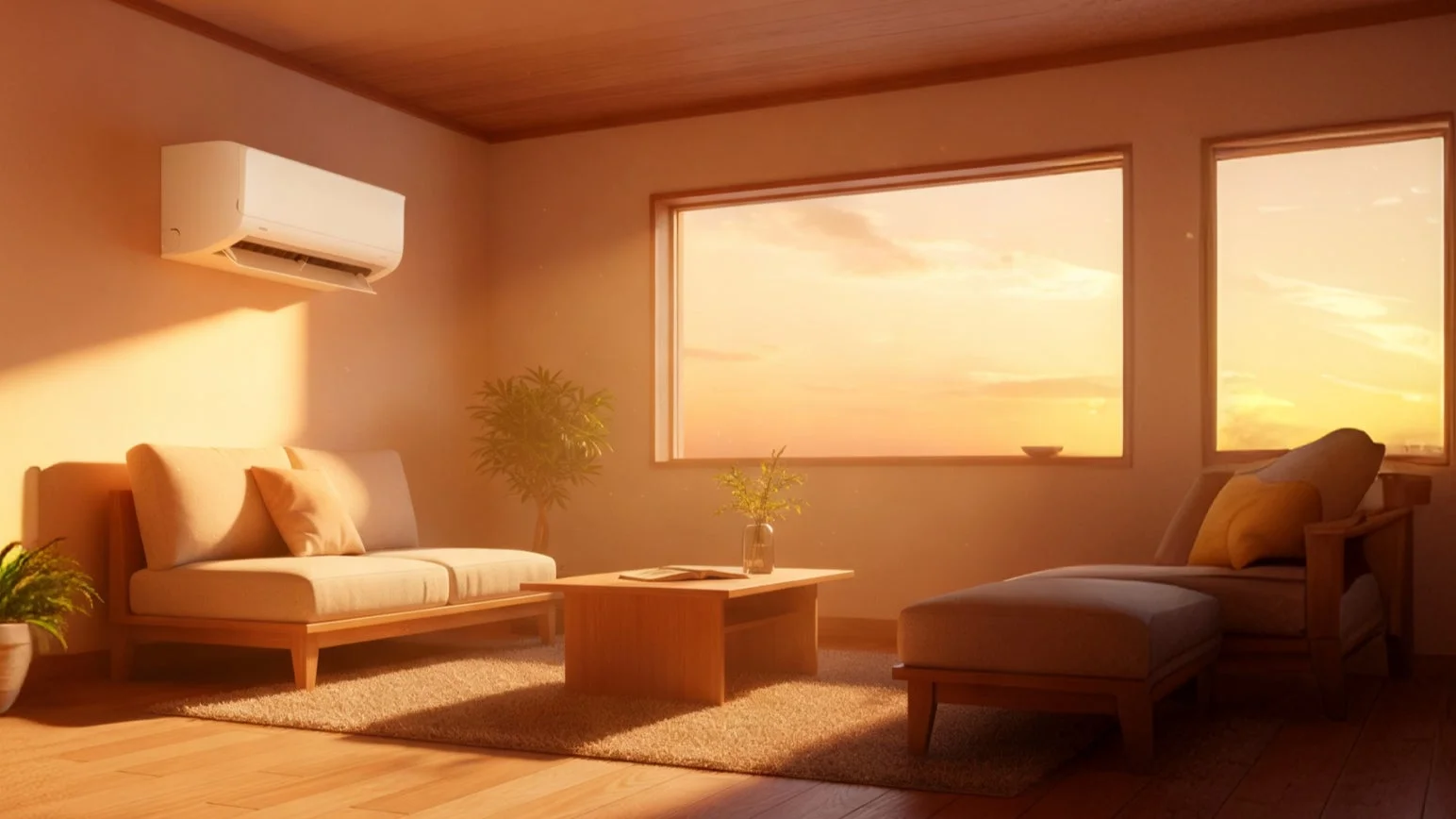 夕焼けの光が差し込むリビングルームのエアコン