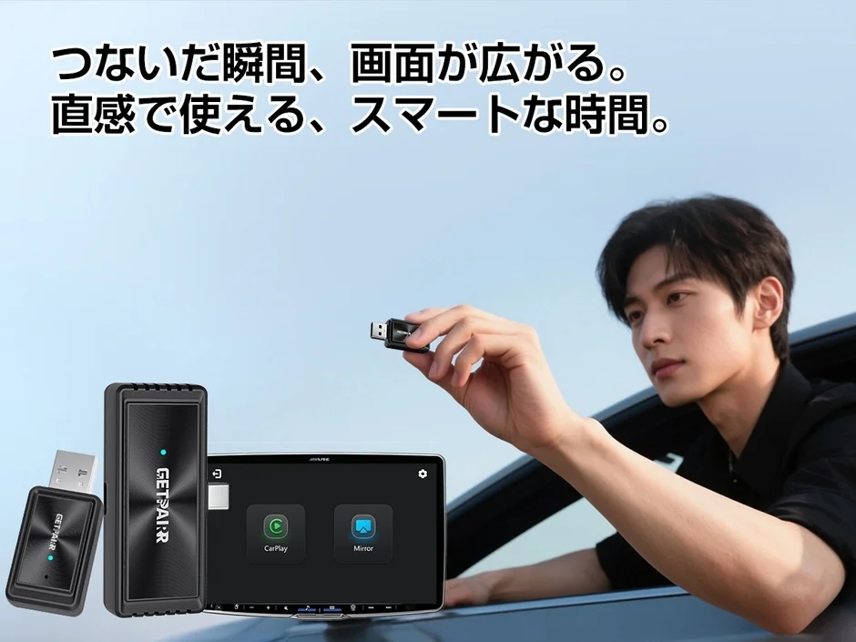 車内でUSBアダプターを手に持つ男性と、CarPlay/MirrorLinkの表示があるカーナビ画面が写っています。