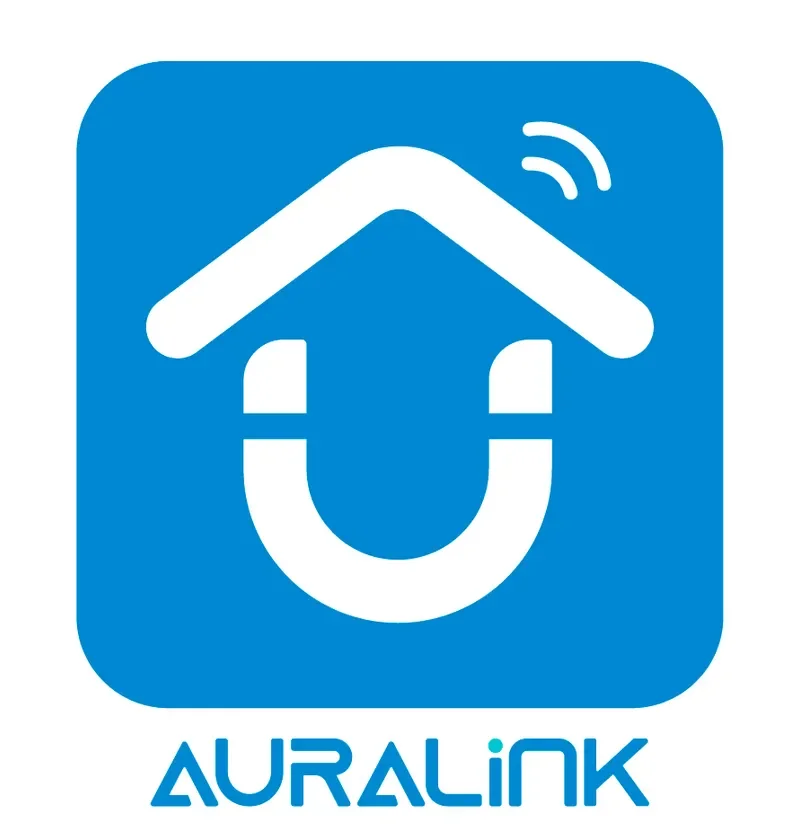 AURALINK,ロゴ,アプリアイコン,スマートホーム,IoT,コネクティビティ,ワイヤレス,ハウス,テクノロジー,青,白