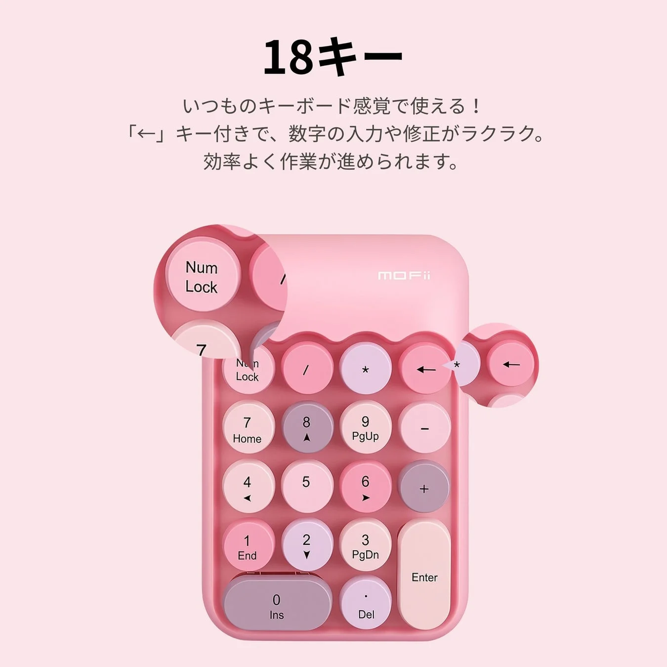 MOFii製のピンク色の18キーテンキーパッド。丸みを帯びたパステルカラーのキーが特徴で、いつものキーボード感覚で数字入力や修正が簡単にでき、作業効率を向上させます。