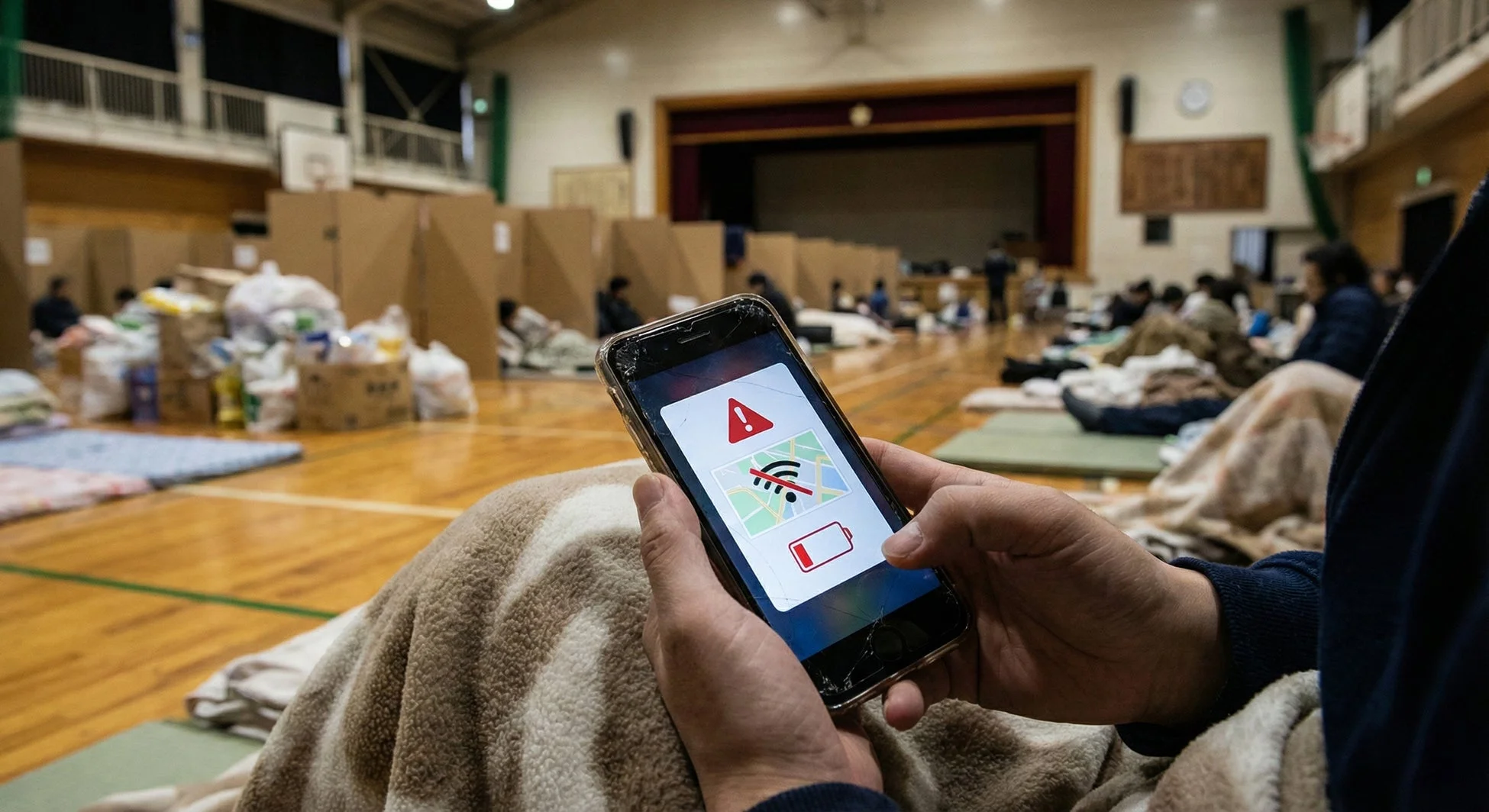 避難所でスマートフォンを操作する人々