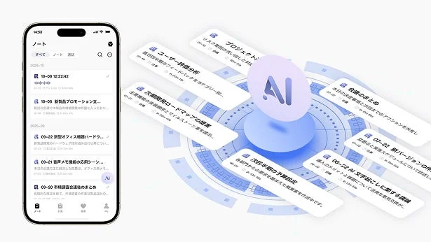 ノートアプリとAIロゴを中心に展開される複数のカード