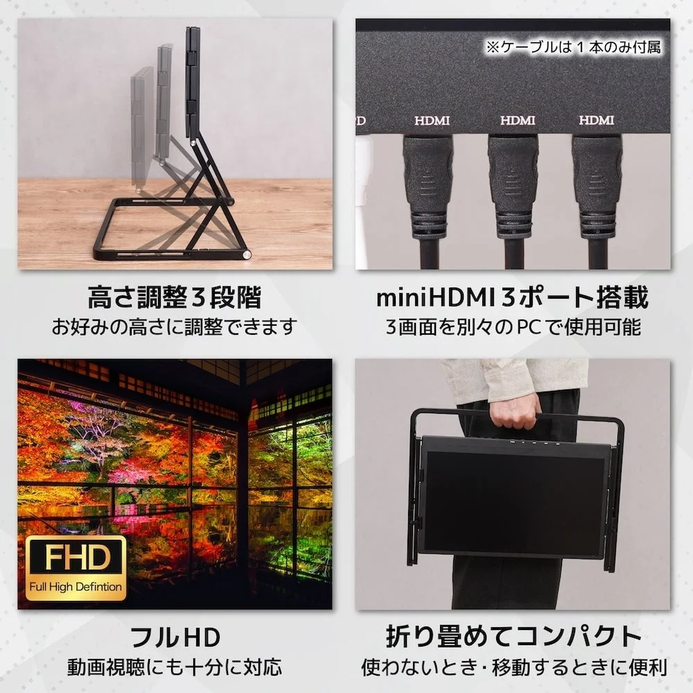 高さ調整と折りたたみ収納の機能説明