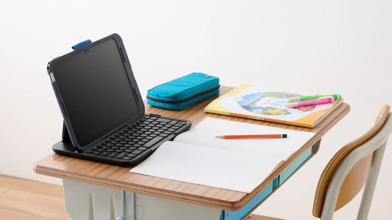 iPadと文房具が並んだ学習机