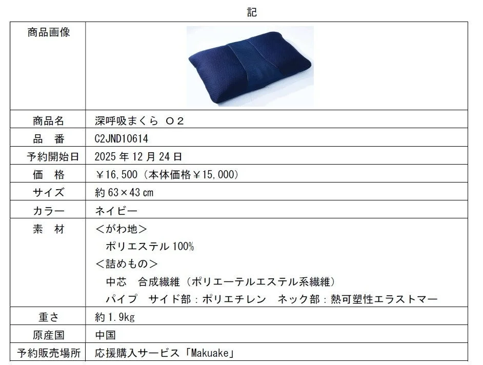 「深呼吸まくら O2」の製品詳細が記載された表形式の画像です。商品名、品番、2025年12月24日からの予約開始日、価格、サイズ、ネイビーのカラー、素材、重量、原産国、予約販売場所(Makuake)といった情報が示されています。