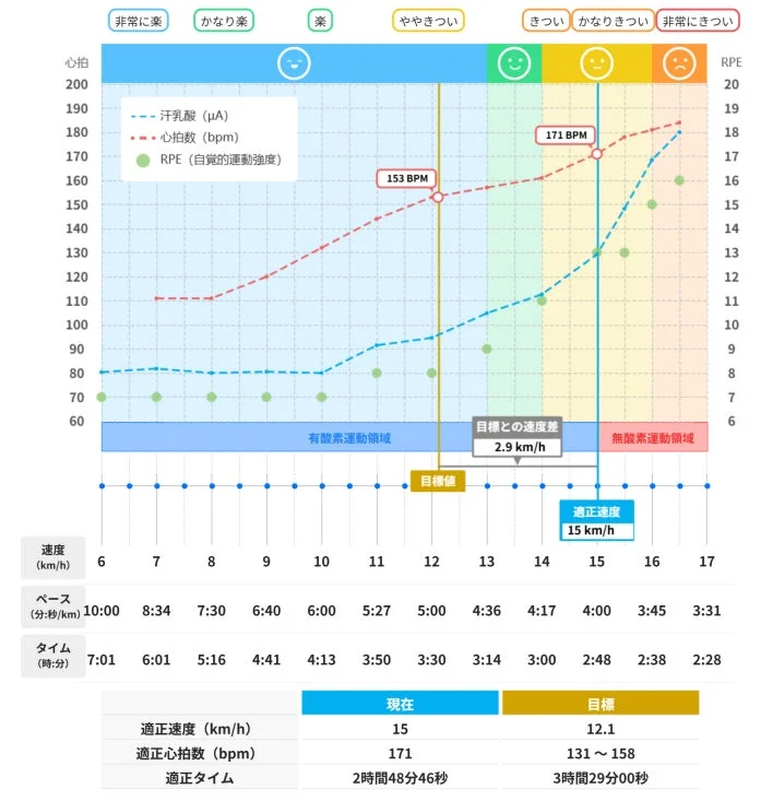 ランニング中の心拍数や乳酸などのパフォーマンスデータを示すグラフ