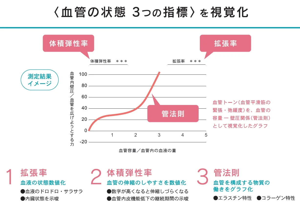 血管の状態を示す「拡張率」「体積弾性率」「管法則」の3つの指標を視覚化したグラフと説明です。血液の状態、血管の伸縮性、構成物質の働きを解説しています。