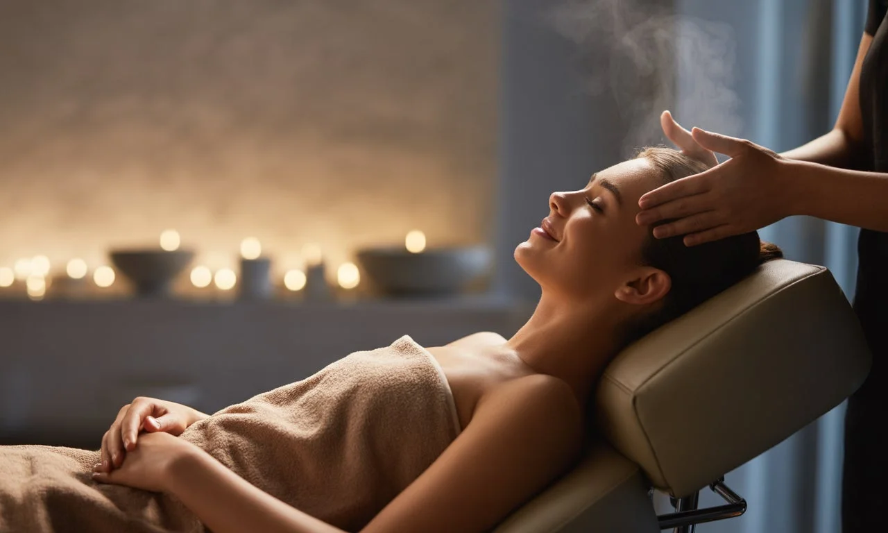 スパで顔にスチームを当てられながらリラックスしている女性