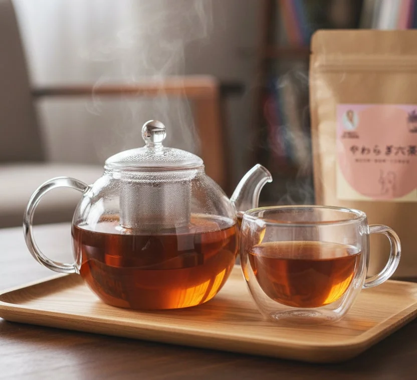 温かいお茶が入ったガラス製のティーポットと二重構造のカップ