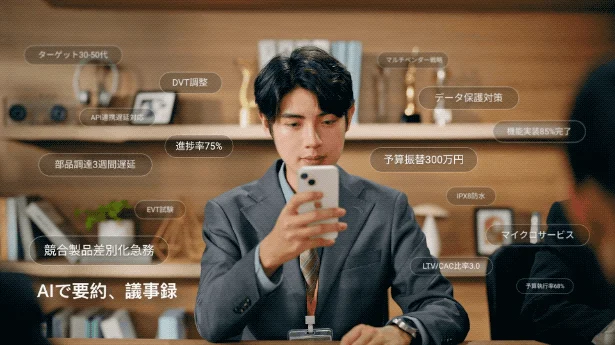 スマートフォンを見つめる男性とビジネス関連情報