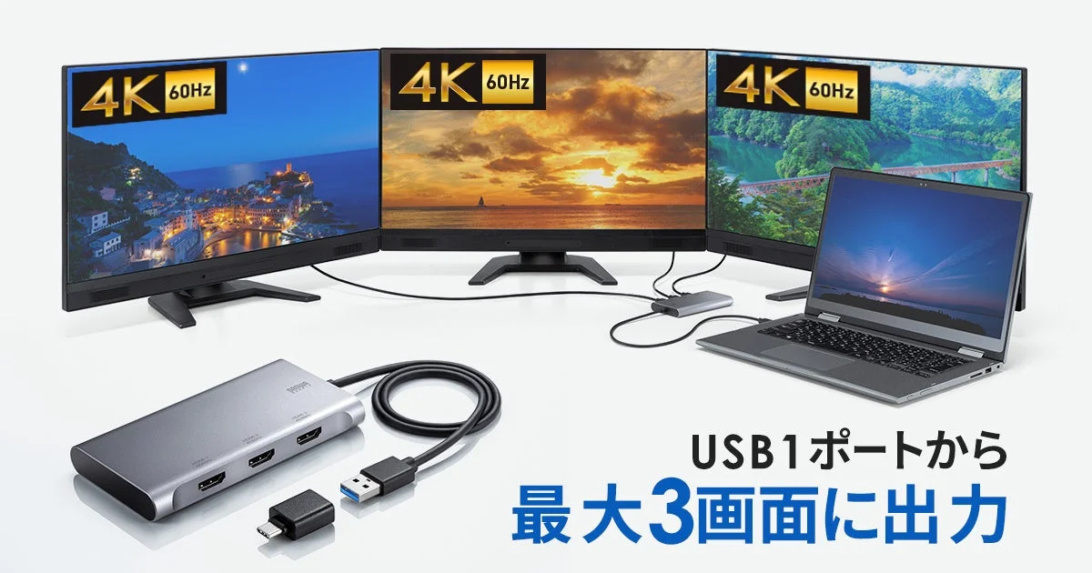 サンワサプライ、USBポートから4K×3画面同時出力可能なディスプレイアダプタ「USB-CVU3HD8」を新発売