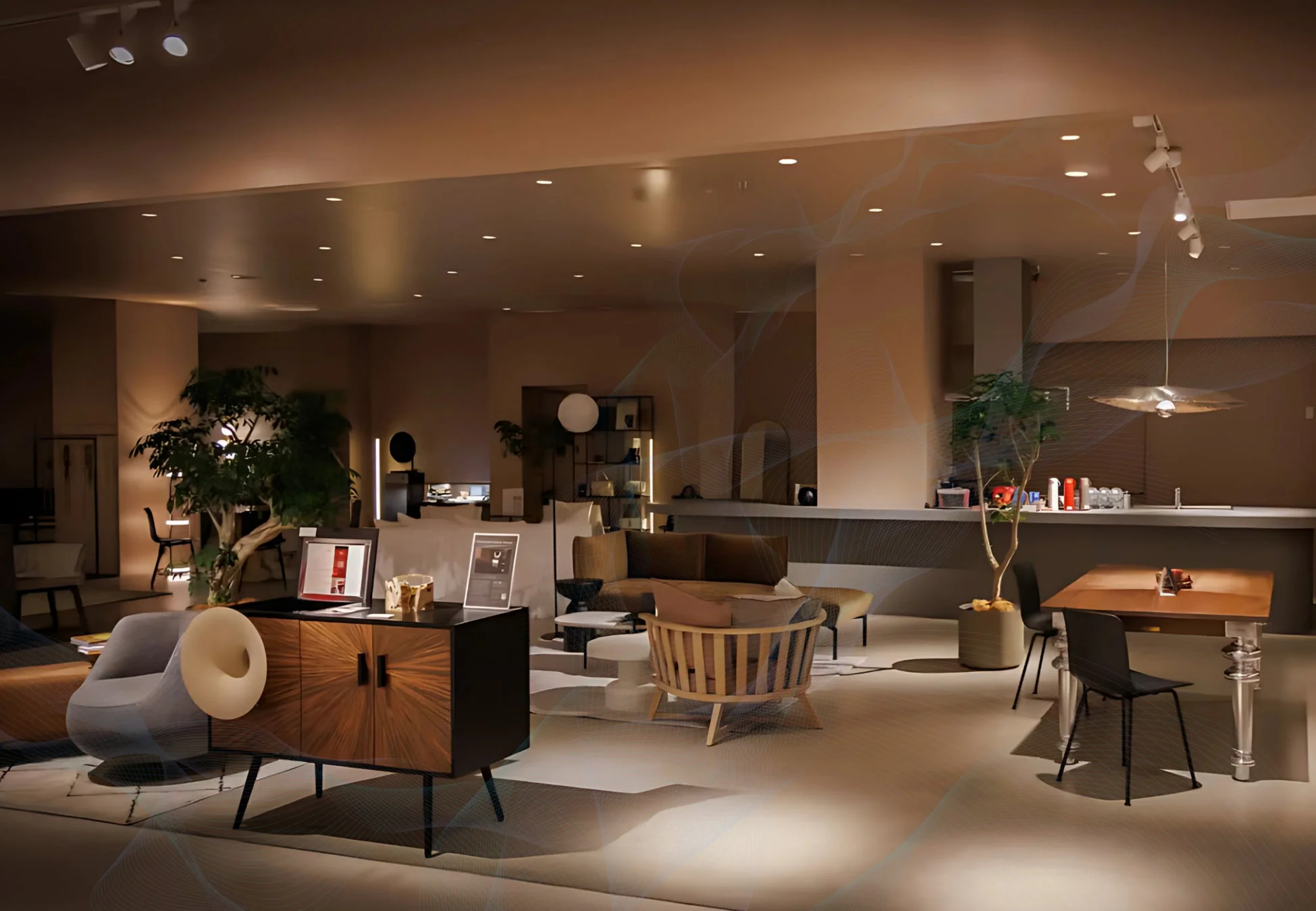 温かみのある照明に照らされたモダンなインテリア空間