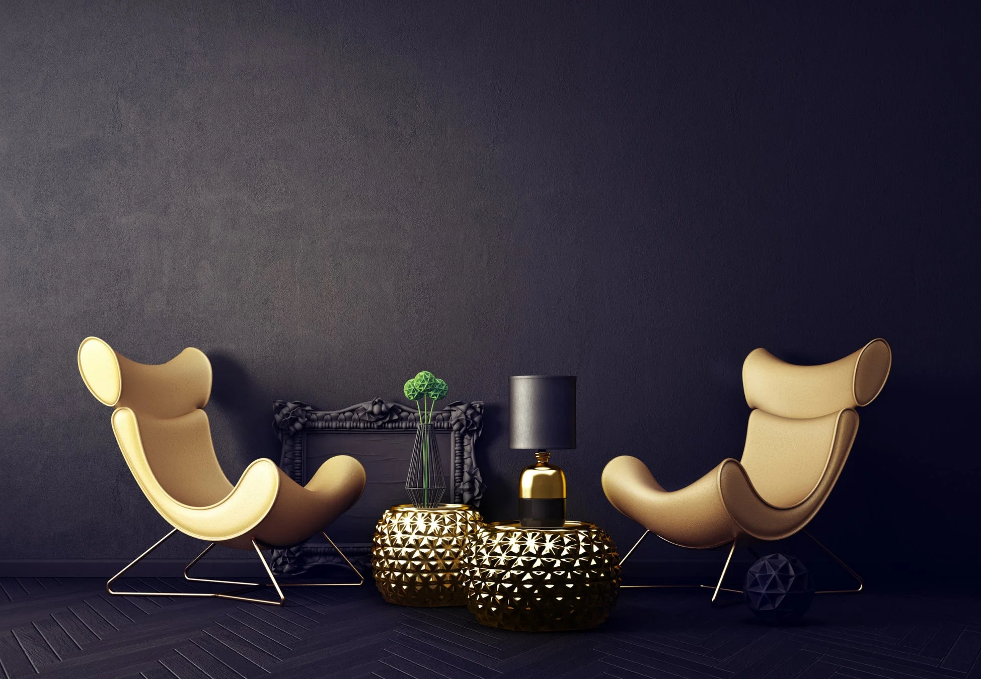 ゴールドのフレームを持つモダンなラウンジチェアが配置された空間