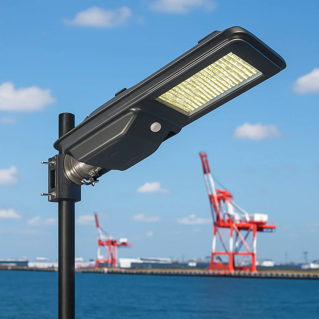 青い空と水辺を背景に、モダンなソーラー街灯が設置されている様子