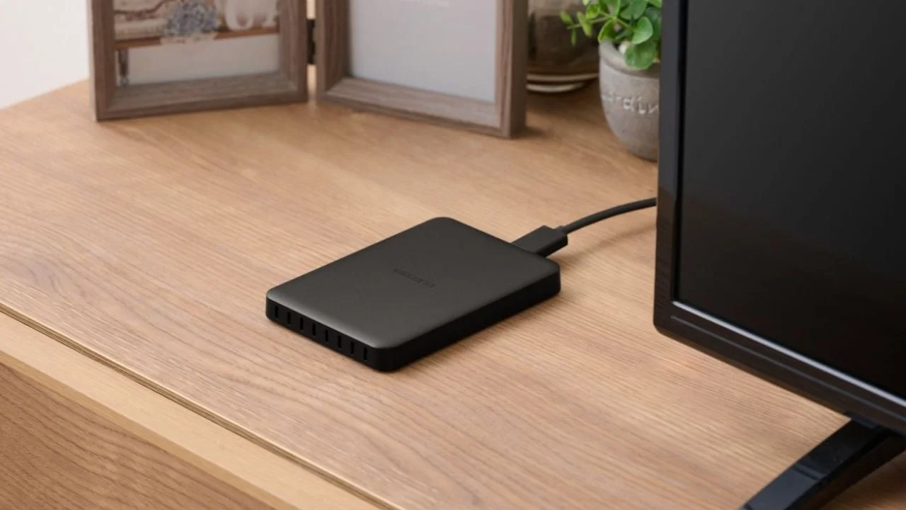 木製デスク上に置かれた黒い外付けHDD