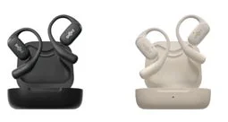 黒とベージュの2色のワイヤレスイヤホンが、それぞれの充電ケースに収められた状態で並んでいます。