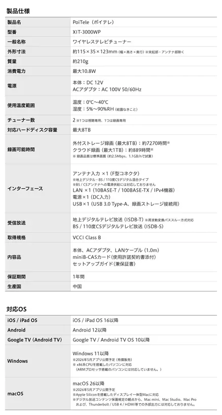 PoiTele製品仕様・対応OS