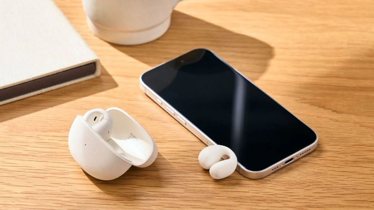 木目のテーブルにスマートフォンとワイヤレスイヤホン、充電ケースが置かれている画像