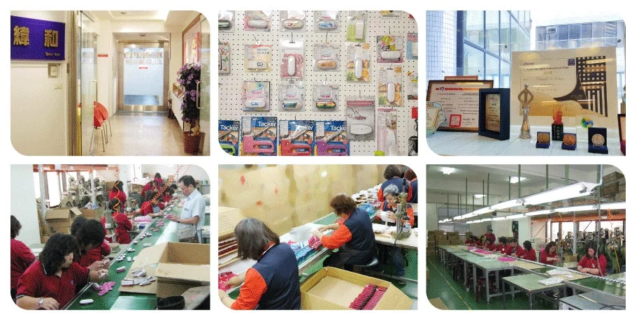 企業のオフィス、製品展示、受賞の証、そして製造ラインで働く作業員の様子がまとめられた画像です。会社の事業活動や実績を示す複合的なビジュアルです。