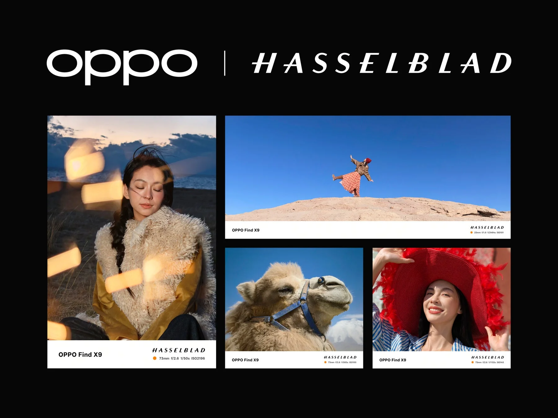 OPPOとHASSELBLADのロゴが上部に配置され、OPPO Find X9で撮影されたと思われる4枚のサンプル写真が展示されています。女性のポートレート、砂漠でポーズをとる人物、ラクダのクローズアップ、赤い帽子をかぶった女性の多様なシーンが特徴で、各写真の下には撮影情報も記載されています。