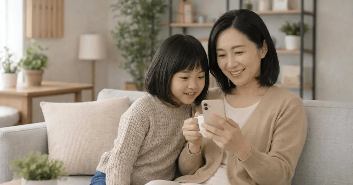 親子がスマホを見ている画像