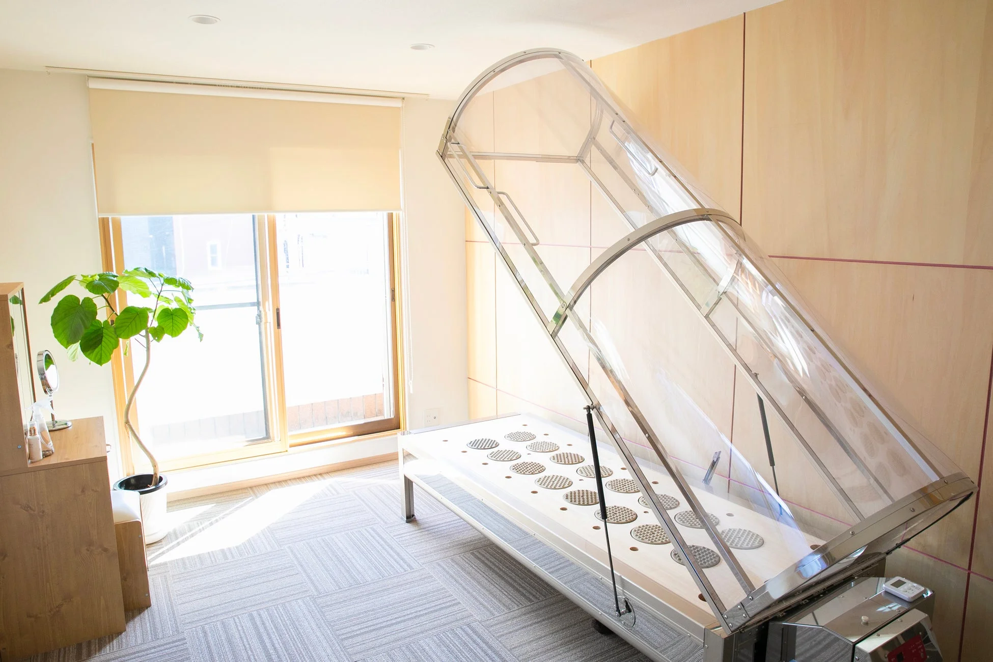 透明なドーム型カバーが開いた特殊なベッドが設置された明るい室内