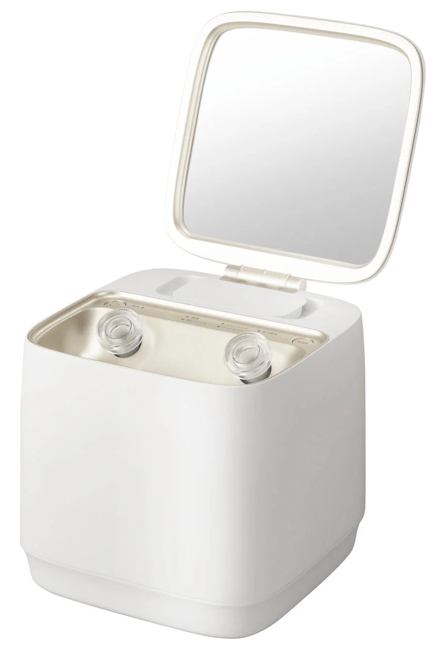 白いシンプルなデザインの卓上美顔器で、上部には開閉式の鏡が付いています。本体内部には温スチームや冷ミストを出すためのノズルがあり、電源やモード選択などの操作パネルが見えます。