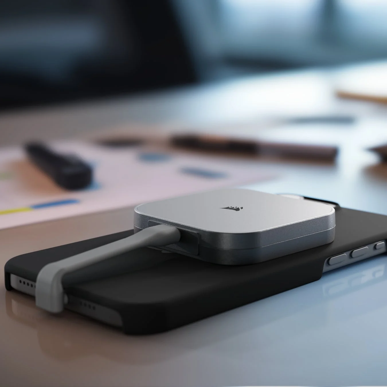 スマートフォンに接続された外付けSSD