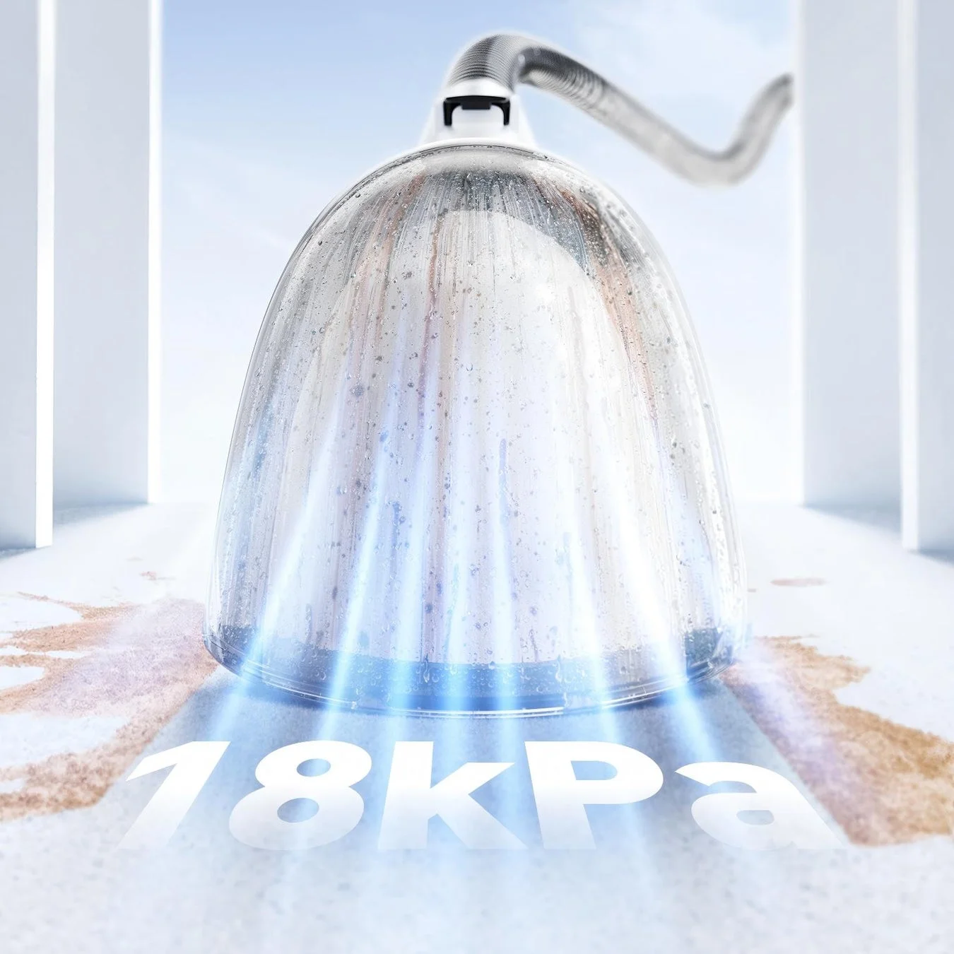 液体と汚れを強力に吸引する掃除機のヘッドが、床の汚れを洗浄している様子を示しています。18kPaという吸引力が強調されており、高い清掃能力をアピールしています。