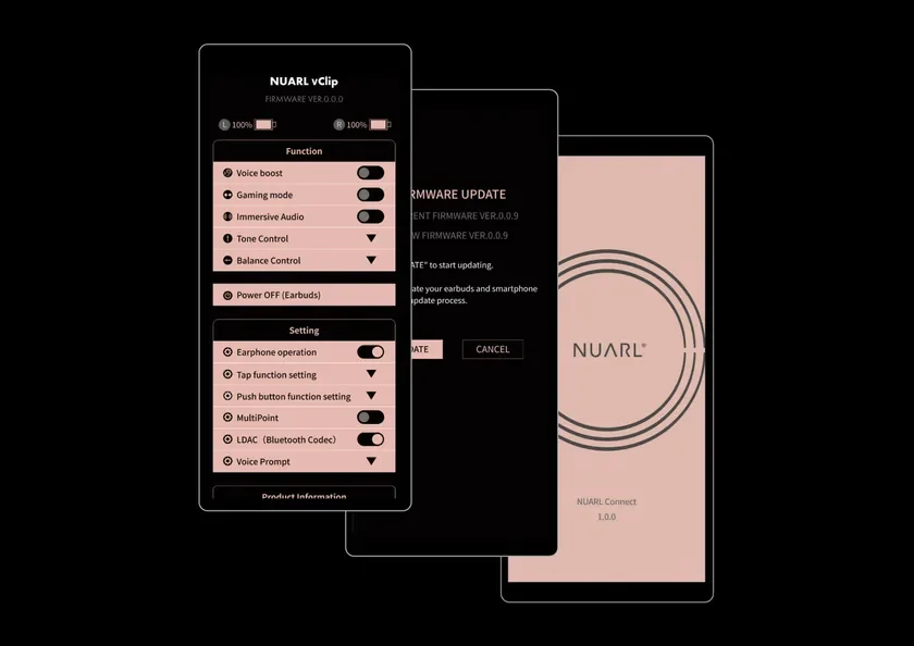 NUARL、イヤホン、ワイヤレスイヤホン、アプリ、設定、ファームウェアアップデート、オーディオ、Bluetooth、スマートフォン、管理アプリ