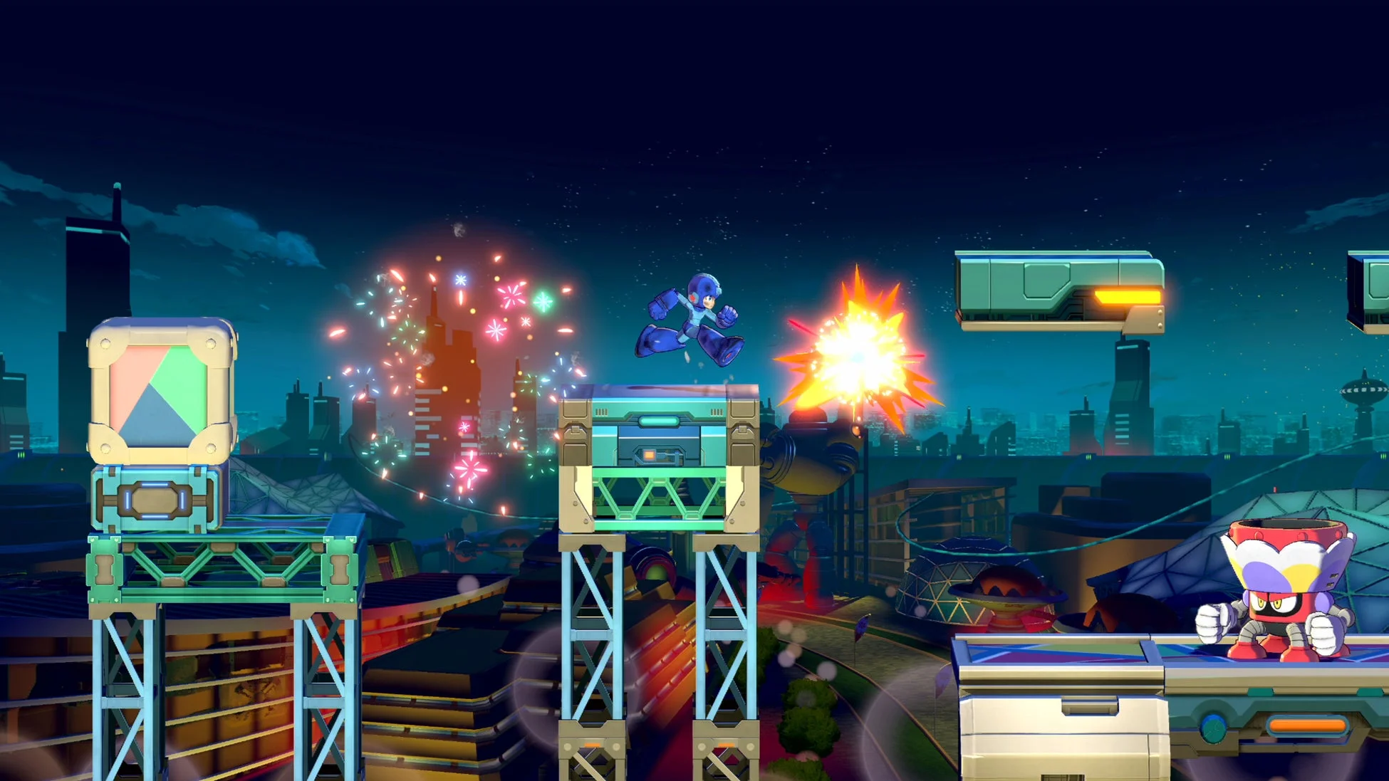 ロックマン、夜の未来都市で敵と戦闘