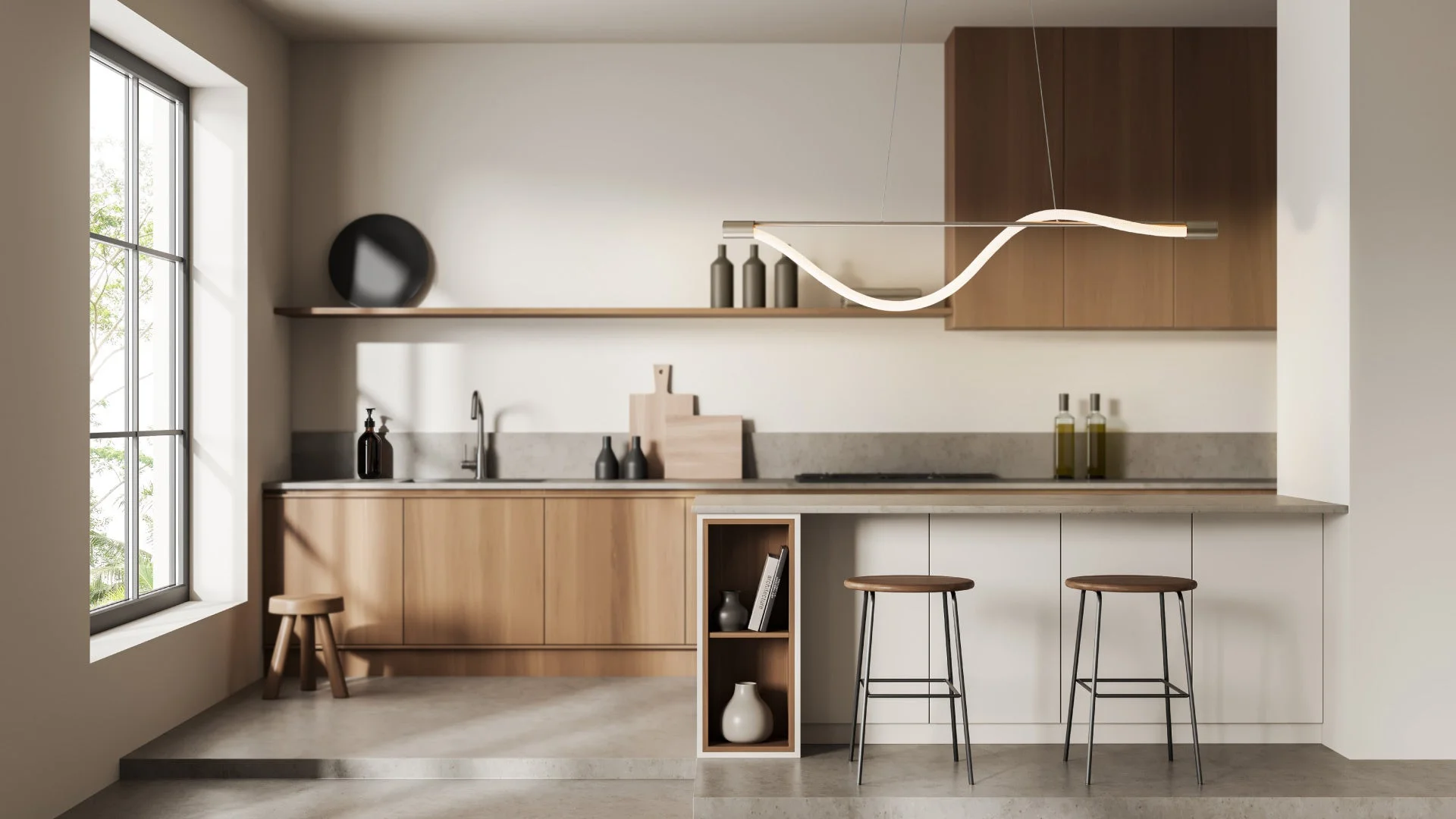 モダンなキッチンに設置された波型のペンダントライト