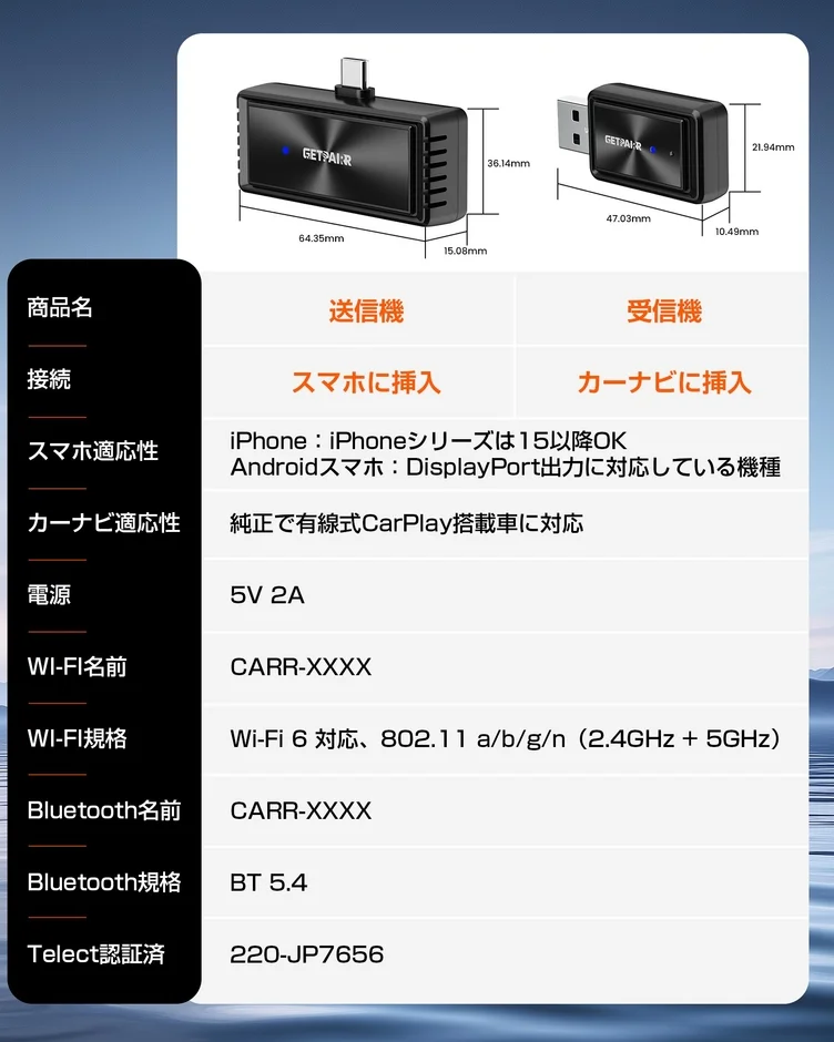 ワイヤレスCarPlay/Android Auto変換アダプターの製品詳細。送信機と受信機の寸法、iPhone 15以降やAndroidスマホ、有線CarPlay車への対応を説明。Wi-Fi 6、Bluetooth 5.4、TELEC認証などの技術仕様も記載されています。