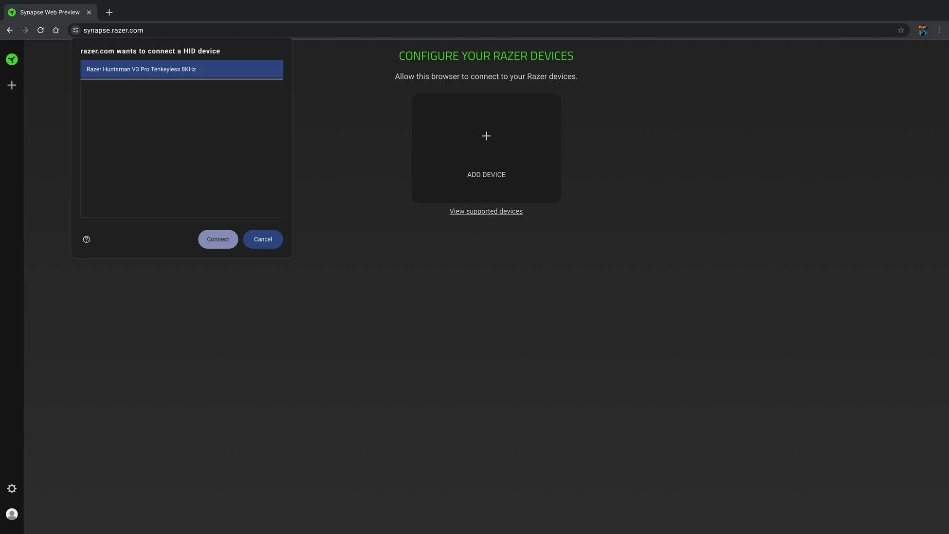 Razer Synapse Webのデバイス接続画面
