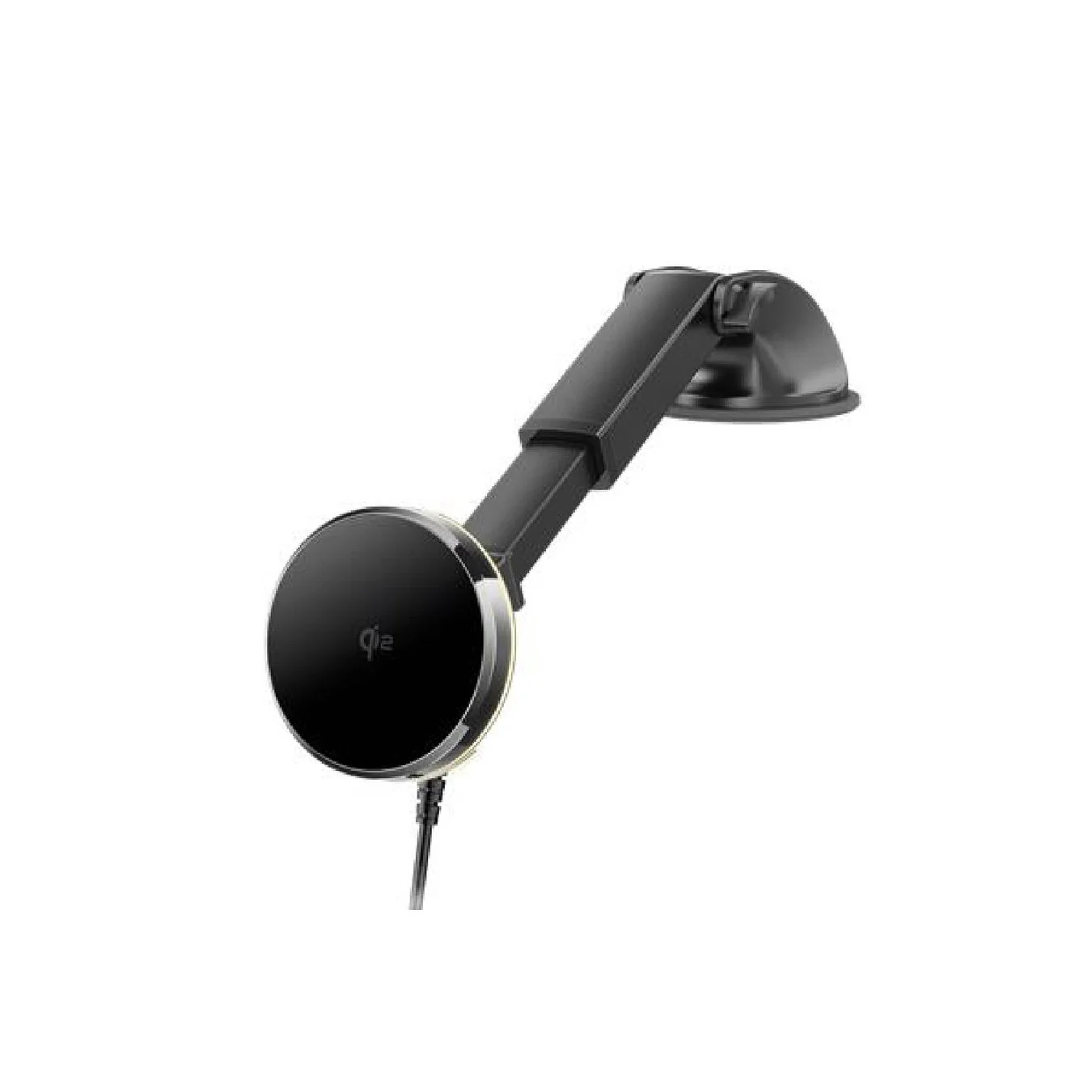 白い背景に、Qiワイヤレス充電に対応した黒い車載用スマートフォンホルダーが写っています