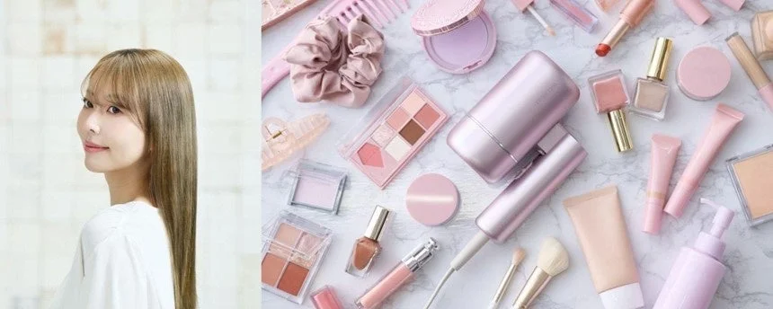 ロングヘアの女性とメイクアップ製品