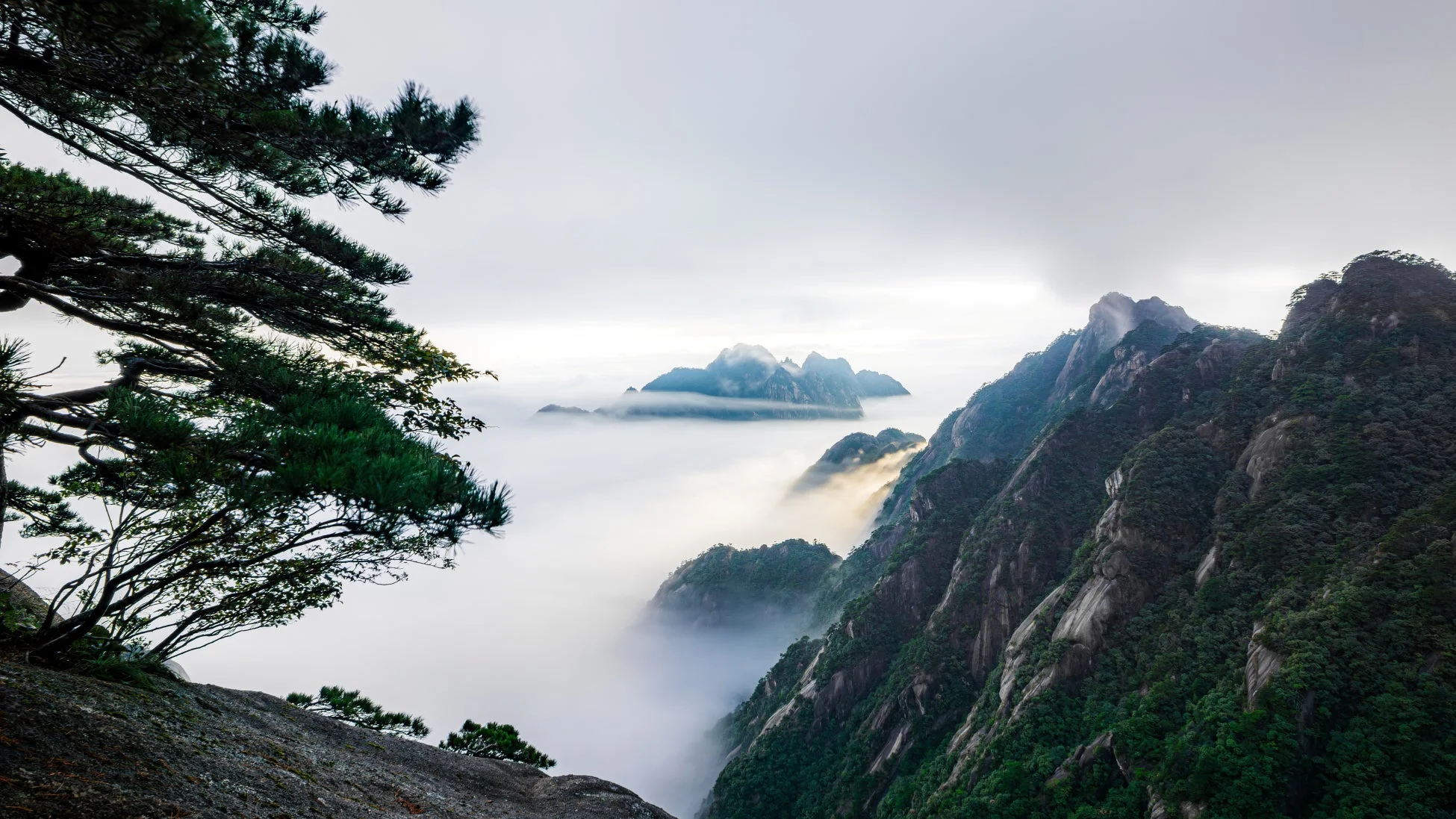 雲海に覆われた雄大な山岳風景の写真