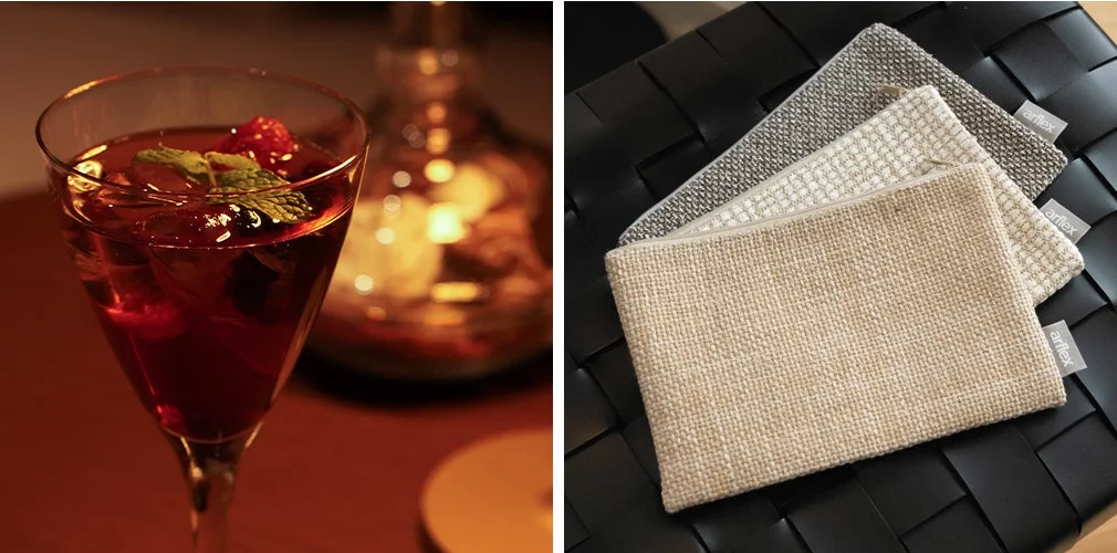 ラズベリーとミントが飾られたカクテルとarflexのファブリックポーチ