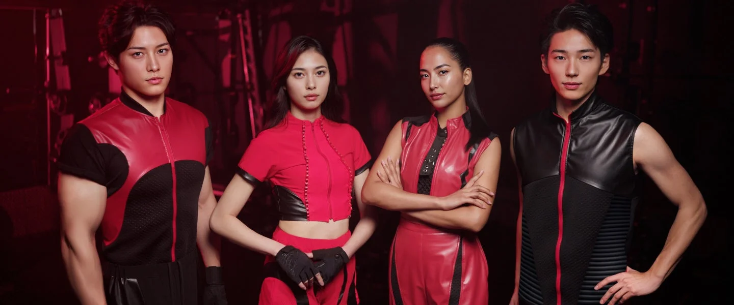 赤と黒のスタイリッシュな衣装を身につけた4人の日本人モデル（男性2人、女性2人）が、暗い背景の前でポーズをとっています。