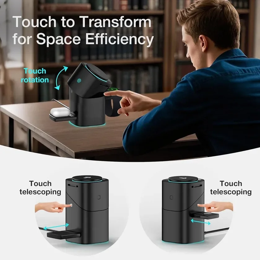 この画像は、スペース効率を追求した黒い多機能デスクデバイスを示しています。タッチ操作で回転および伸縮する機能を持ち、スマートウォッチやワイヤレスイヤホンなどの複数のガジェットを整理・充電できることをアピールしています