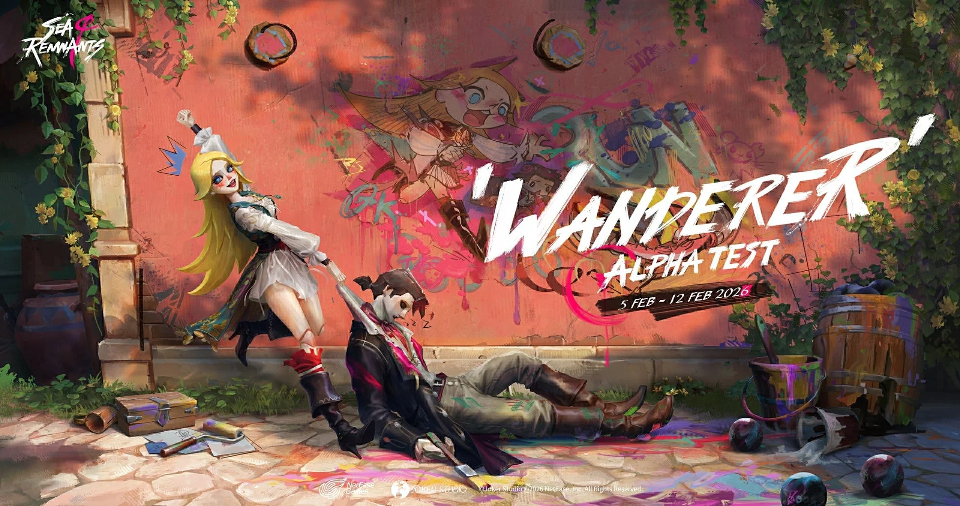 グラフィティで覆われた壁を背景に、ブロンドの少女が人形のような男性を引き起こしている鮮やかなゲームアート。ゲーム「WANDERER」のアルファテストが2026年2月に開催されることを告知しており、ペイント道具が散乱しています。