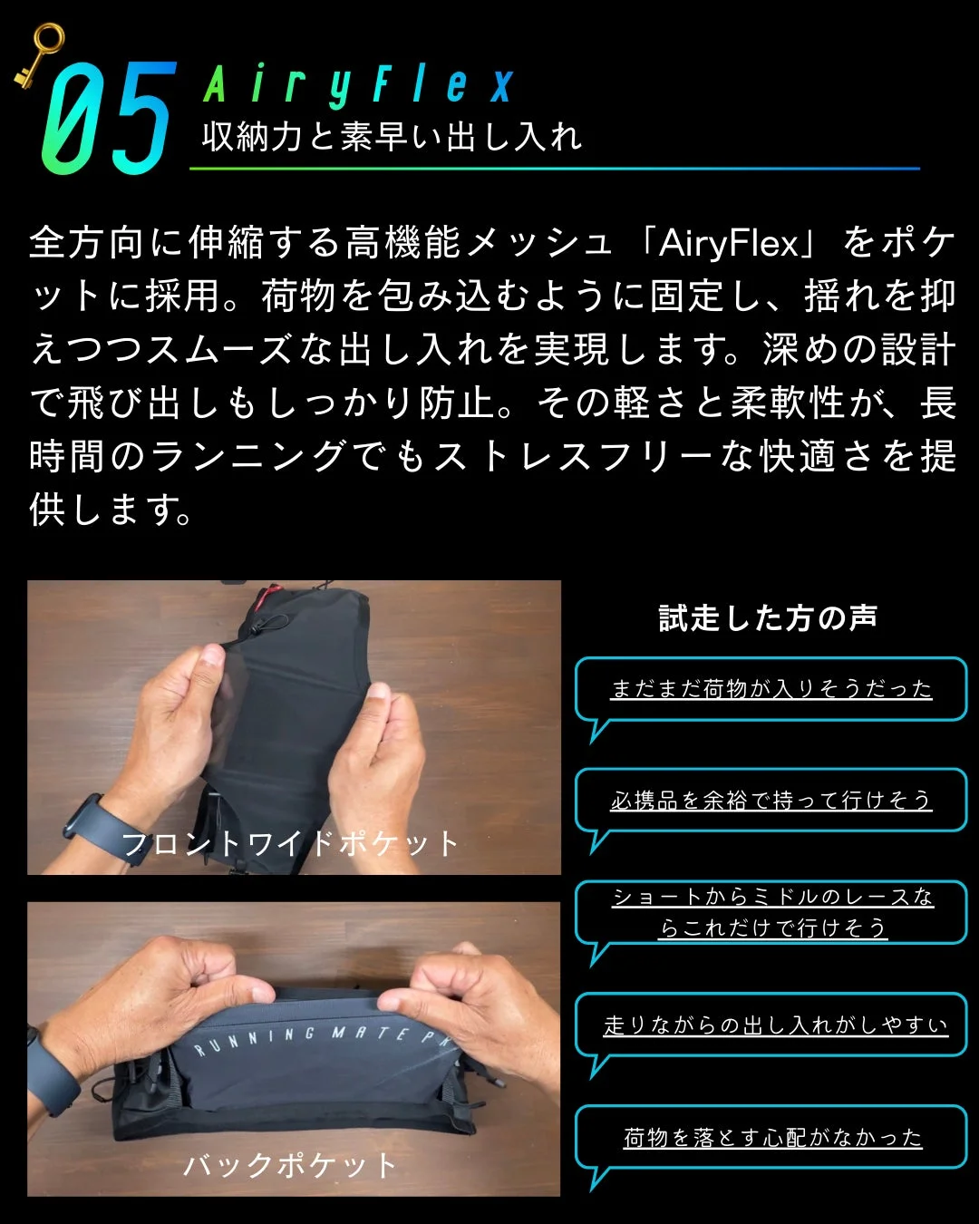 高機能メッシュ「AiryFlex」ポケットの紹介