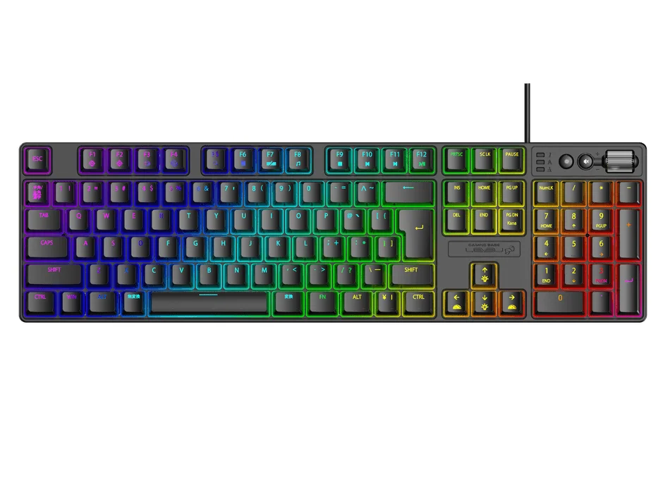 フルサイズのゲーミングキーボードで、キー全体が虹色に光るRGBバックライトが特徴です。