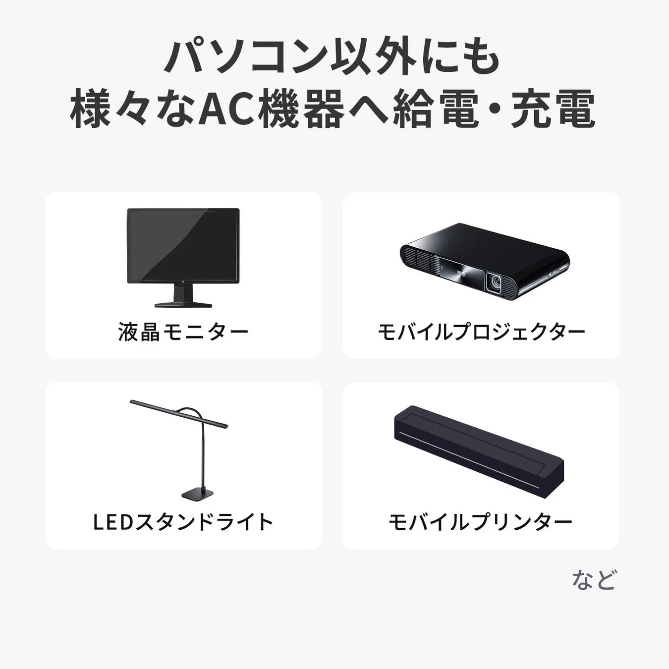 パソコン以外にも様々なAC機器へ給電・充電