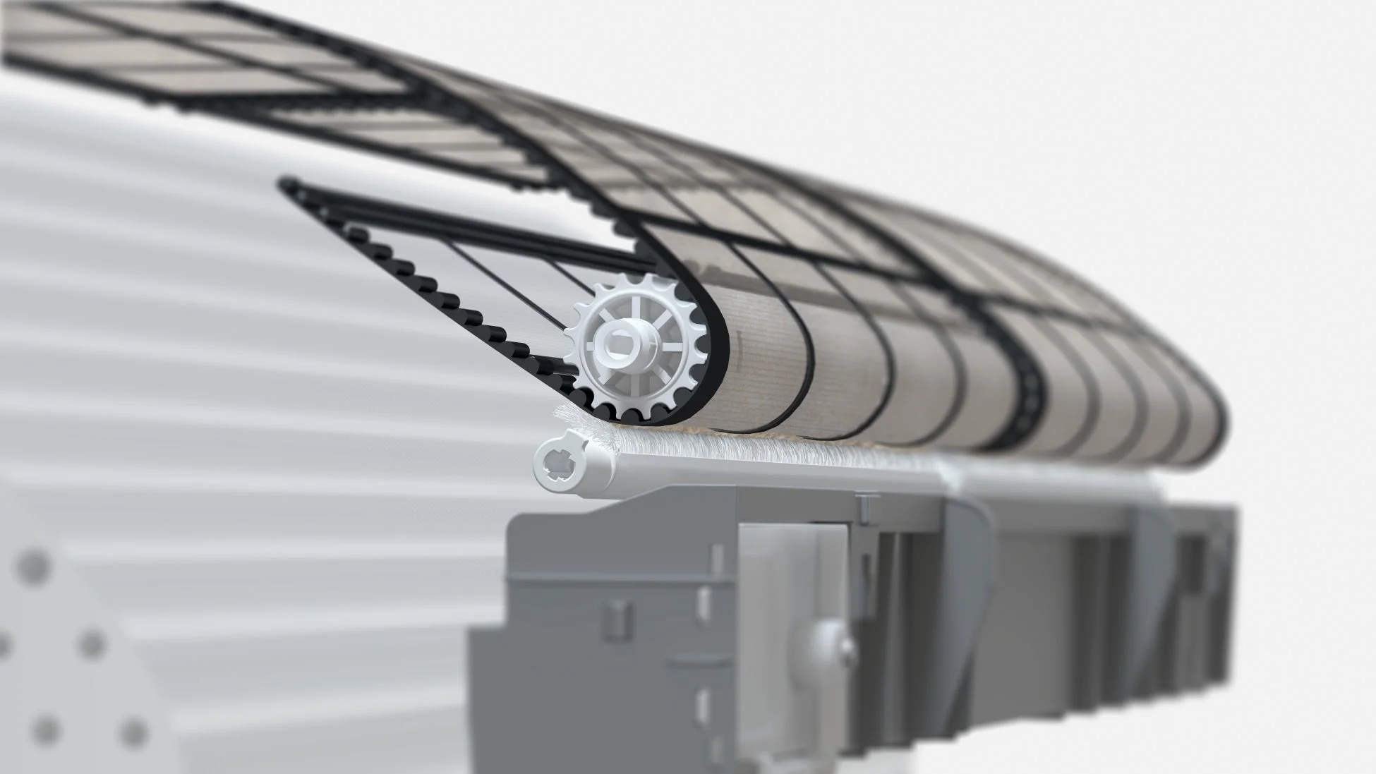 ギアと歯付きベルト、ブラシ状の部品で構成された機械の内部構造を示しています。これはフィルターや清掃システムの一部のように見え、効率的な動作を想起させます。