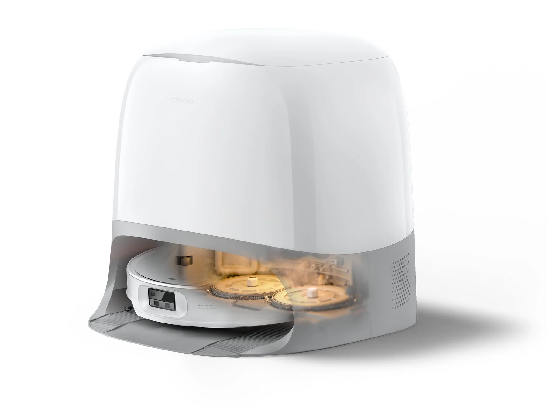 白いRoborock製ロボット掃除機が、自動洗浄機能付きドッキングステーションに収まっている様子。ステーション内でモップパッドが洗浄されている場面が描かれており、スマートな清掃とメンテナンス機能を示している。